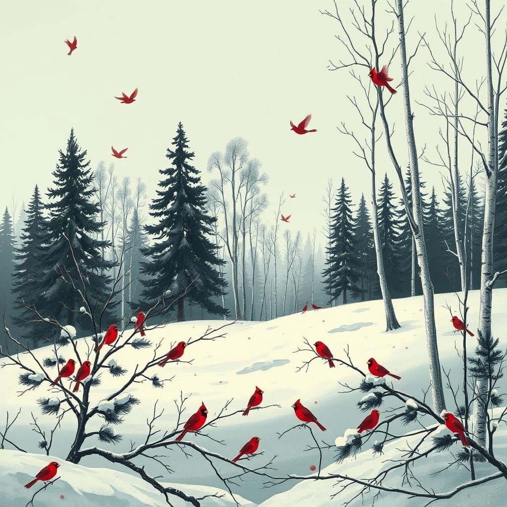 Winter Wonderland Scene in Dark Green Pine and Birch Forest