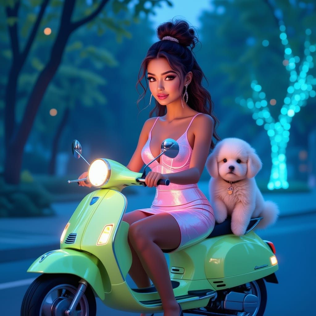 Woman Riding Glowing Scooter with Puppy at Night