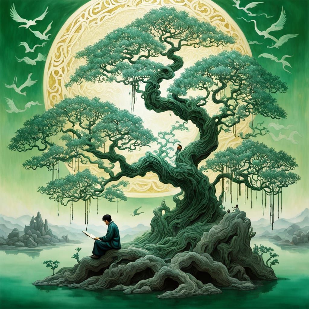 Ethereal Scholar's Oasis in Jade and Gold