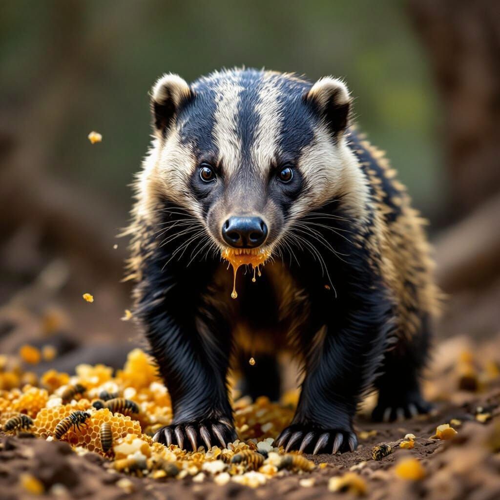 Fierce Honey Badger with Beehive in Wildlife Art Style