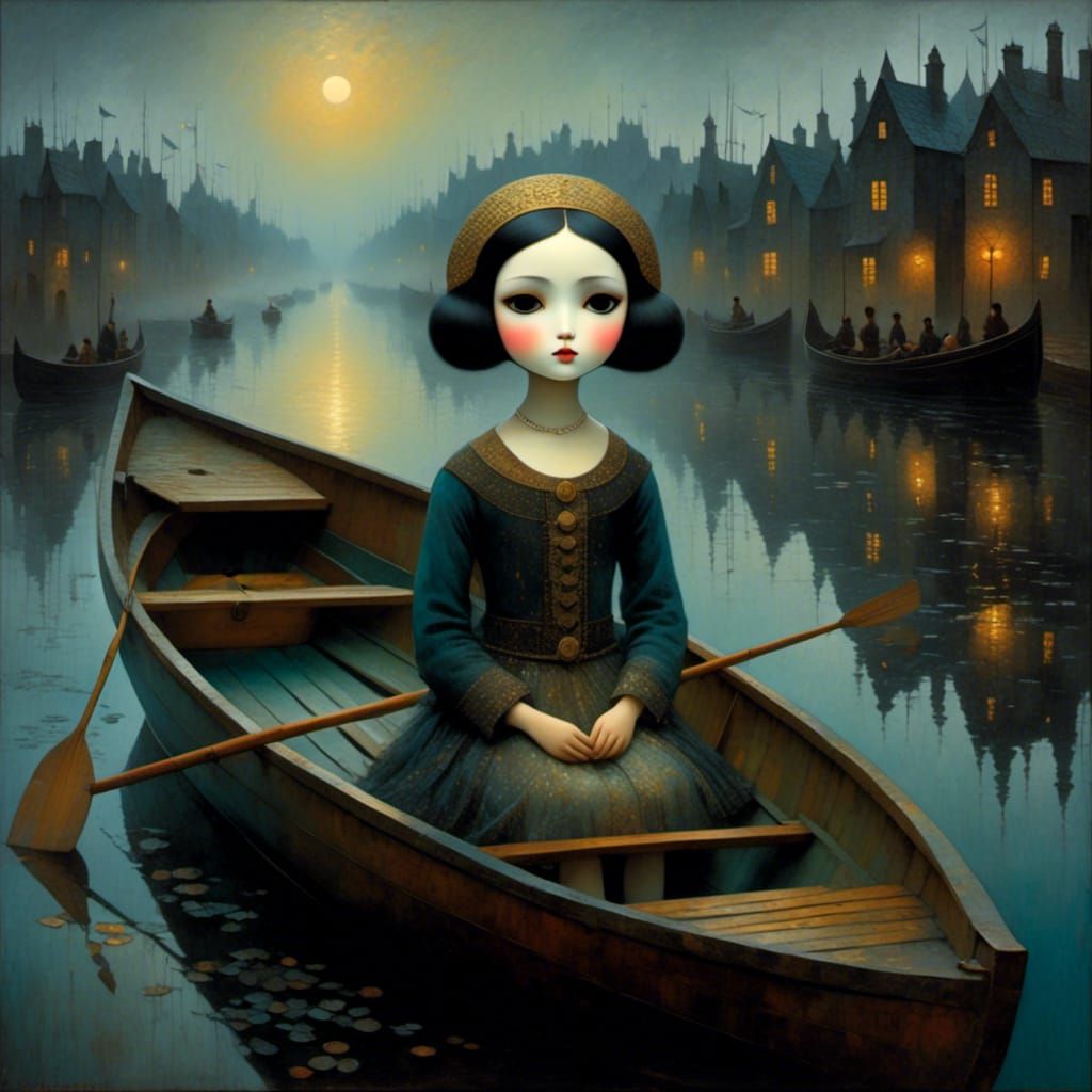 Girl in Broken Doll Mask on Misty Voyage