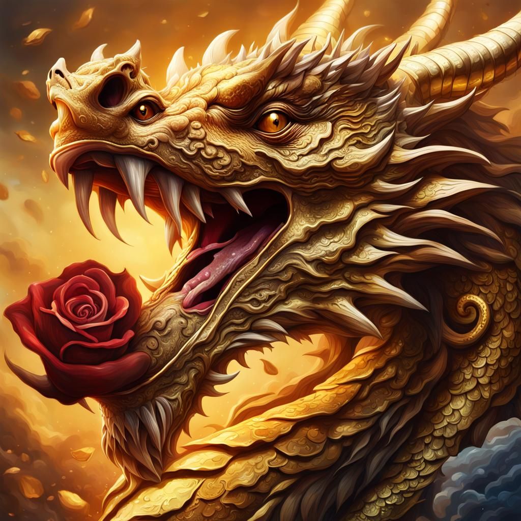 Golden Dragon with Rose: Hyperrealistic Splash Art