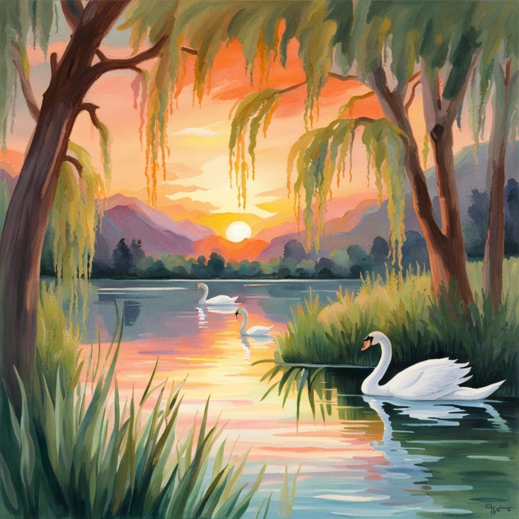 Lakeside Swans at Sunset in Gouache Watercolor