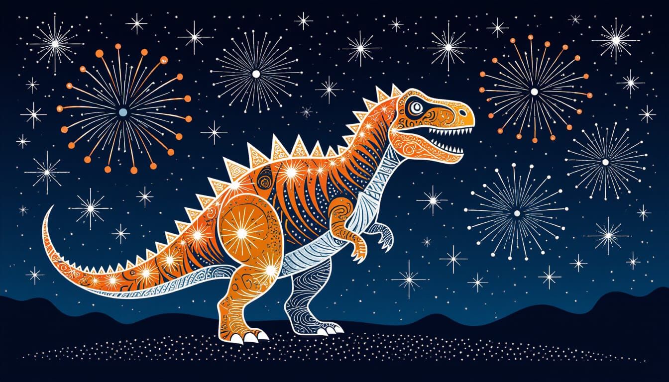 Spectacular Zentangle Dinosaur Fireworks in Night Sky