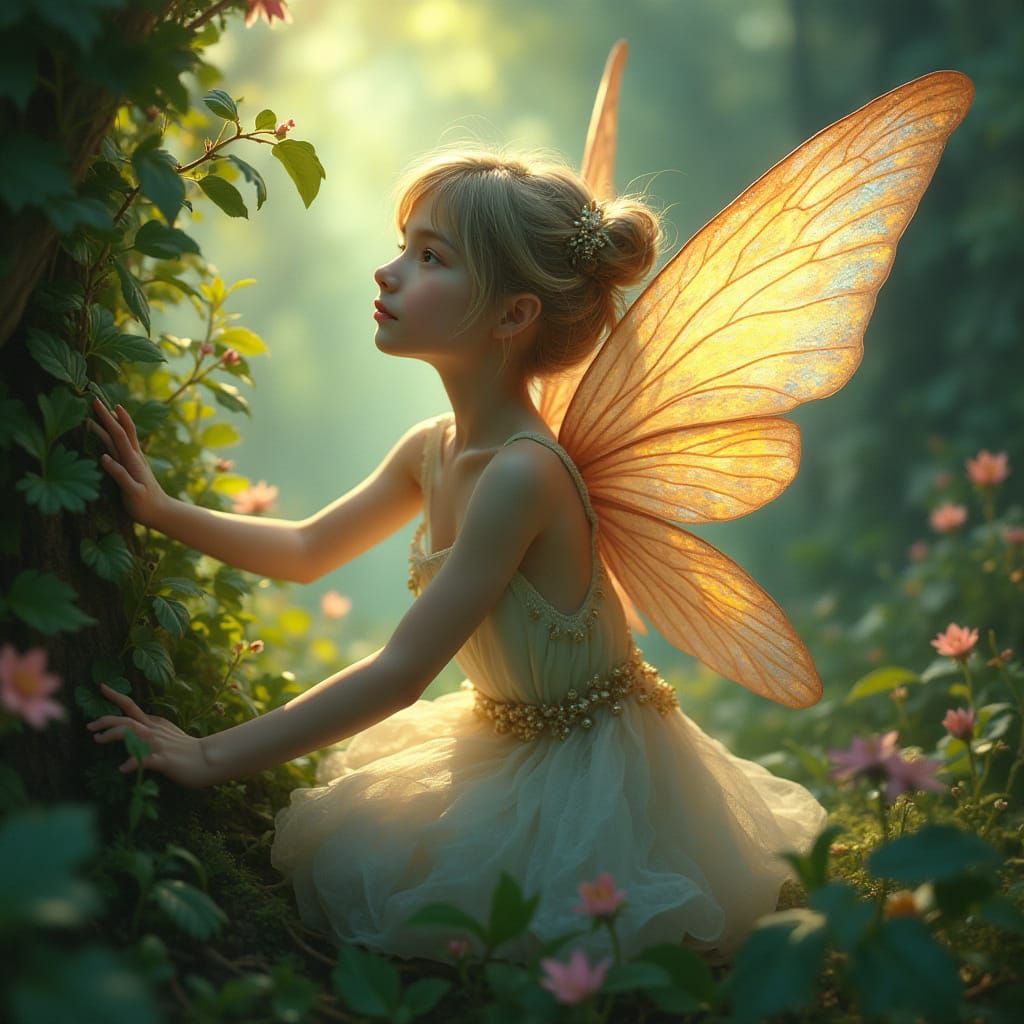 Ethereal Fairy in Lush Foliage, Whimsical Art