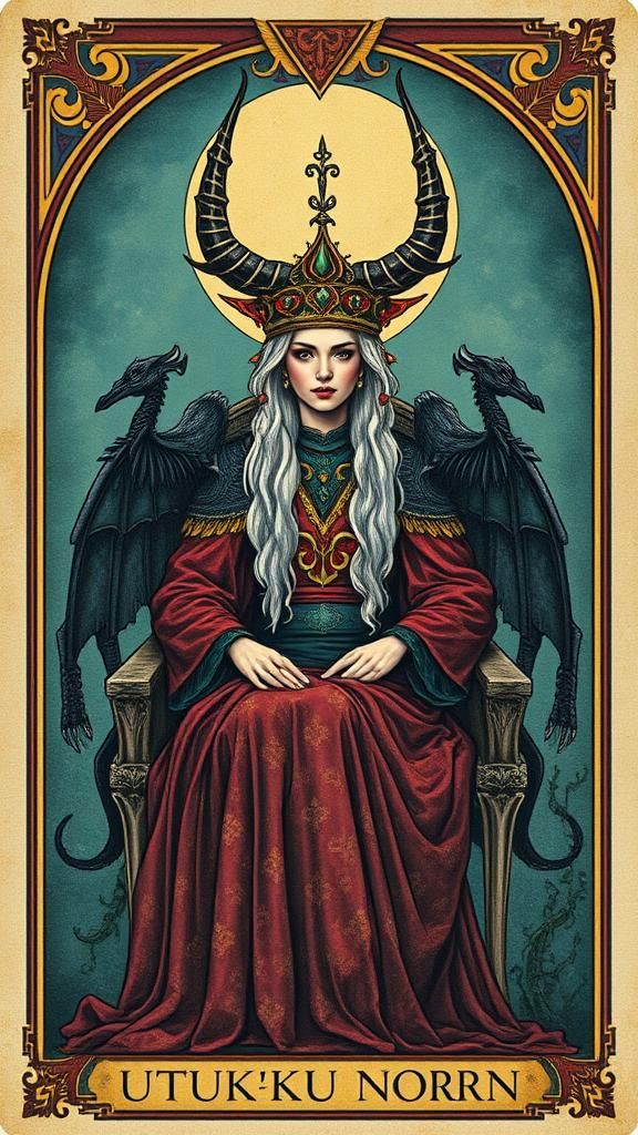 Majestic Norn Queen on Dragonbone Throne, Tarot Card