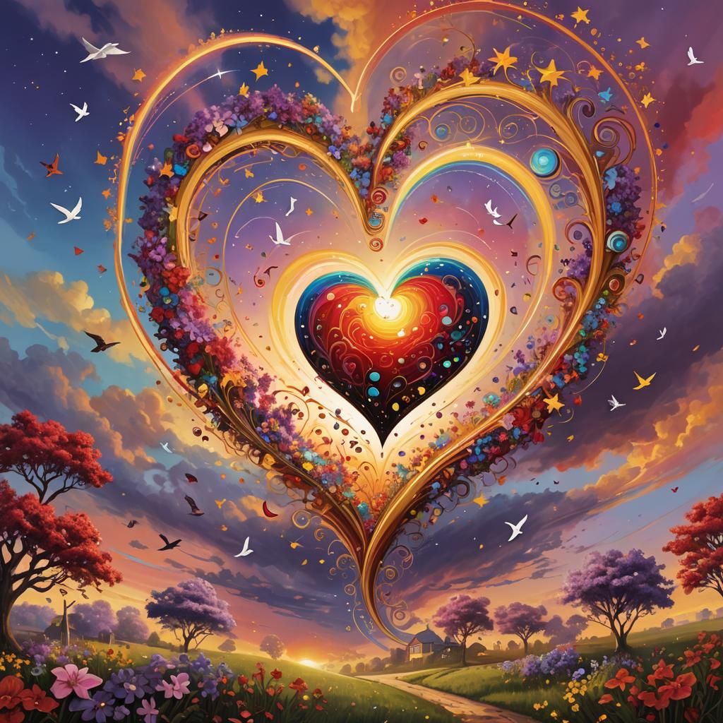 Psychedelic Hearts and Rainbow Sky in Splash Art Style