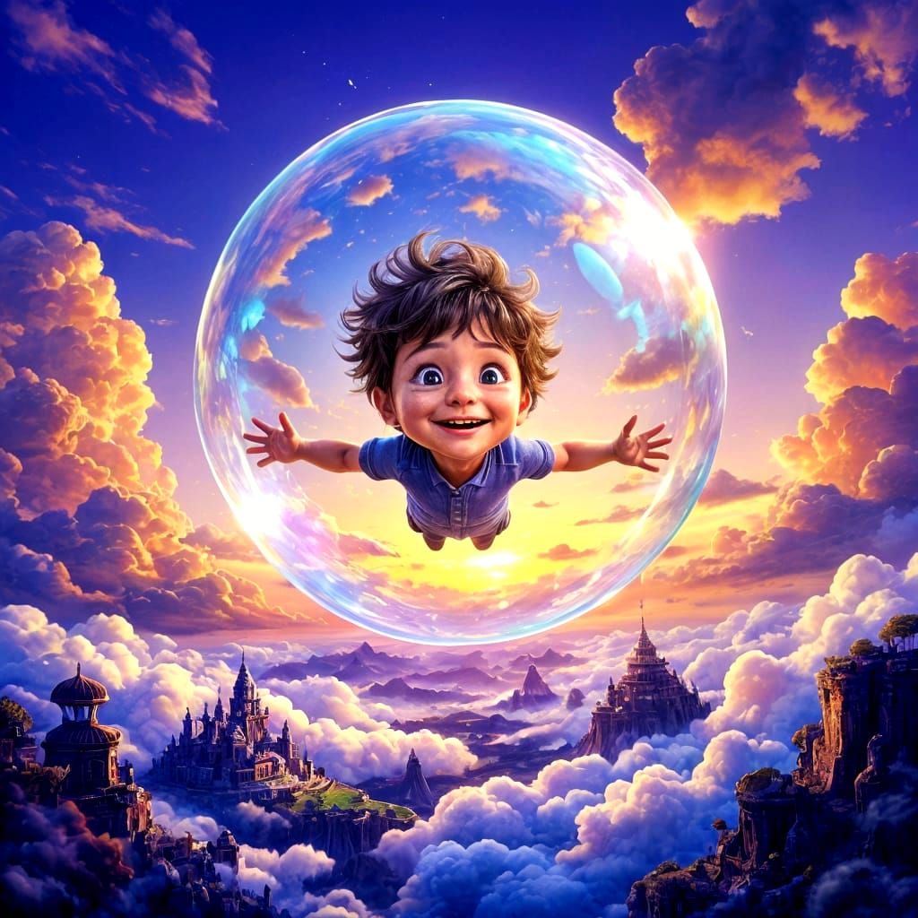 Boy in Bubble over Exotic Landscape