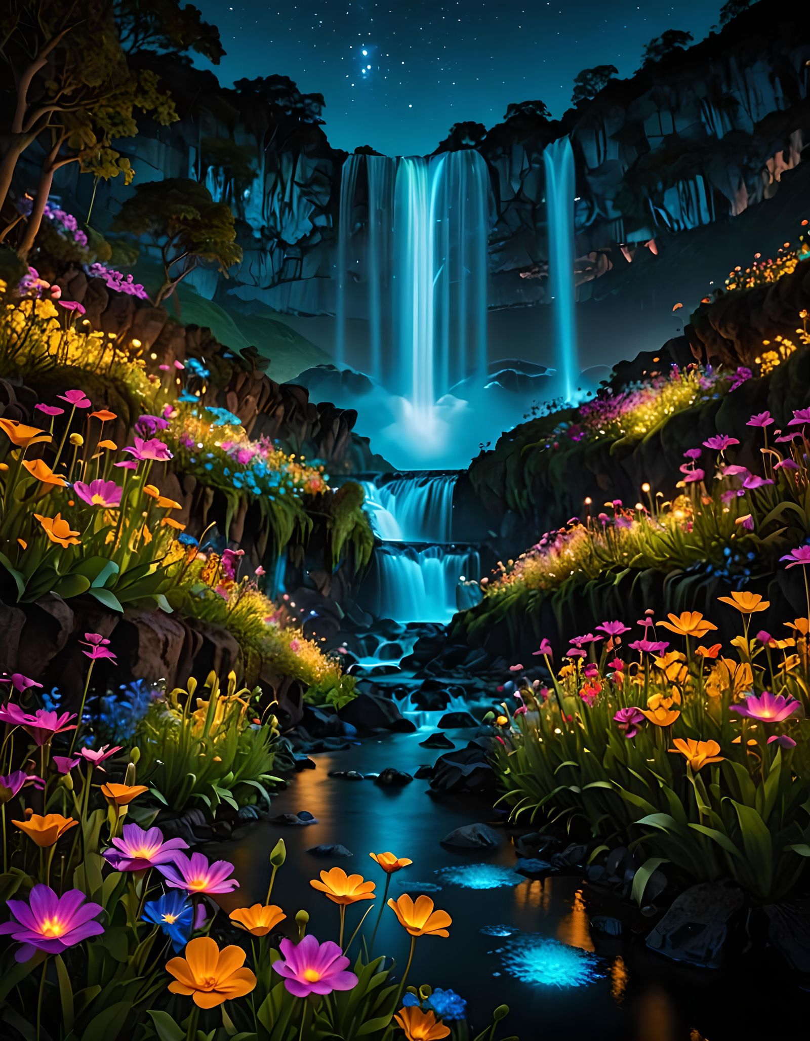 Intricately detailed, maximalist, bioluminescent flower fields next to glowing waterfalls, nightscape, dreamscape. Hyper...