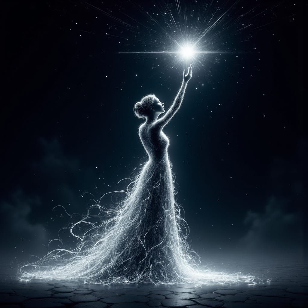 Ethereal Figure in Starry Void with White Gown