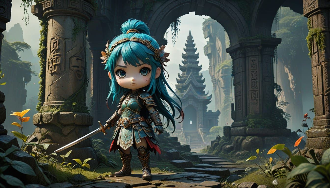 A grimdark kawaii chibi adventurer stands before a towering,...