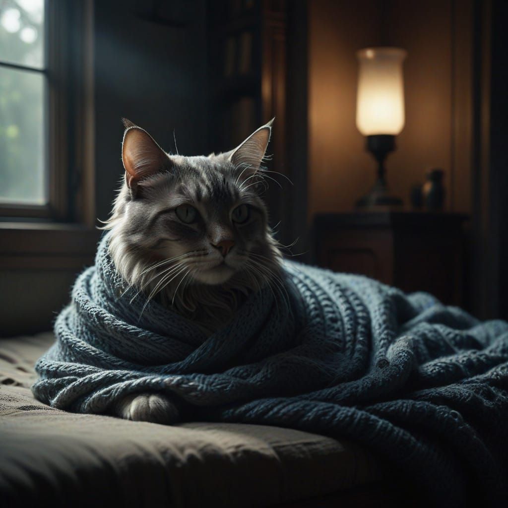 A cat curled up on a knitted blanket.
