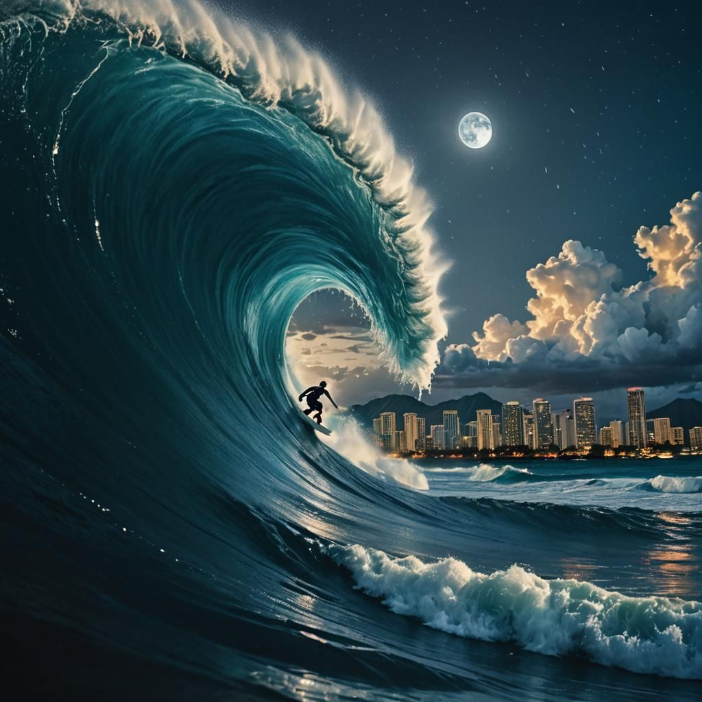Surfer Rides Giant Tsunami Wave at Night
