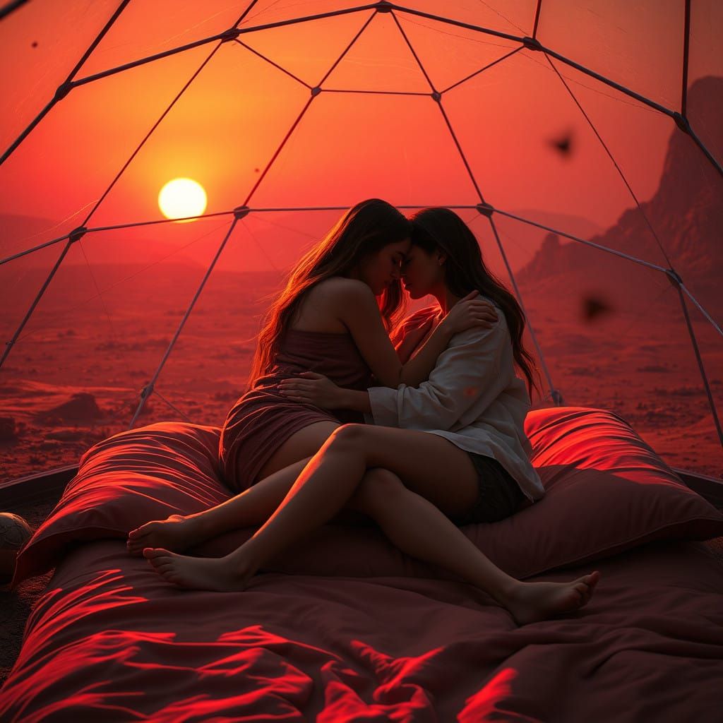 Surreal Women Embracing on a Martian Sunset