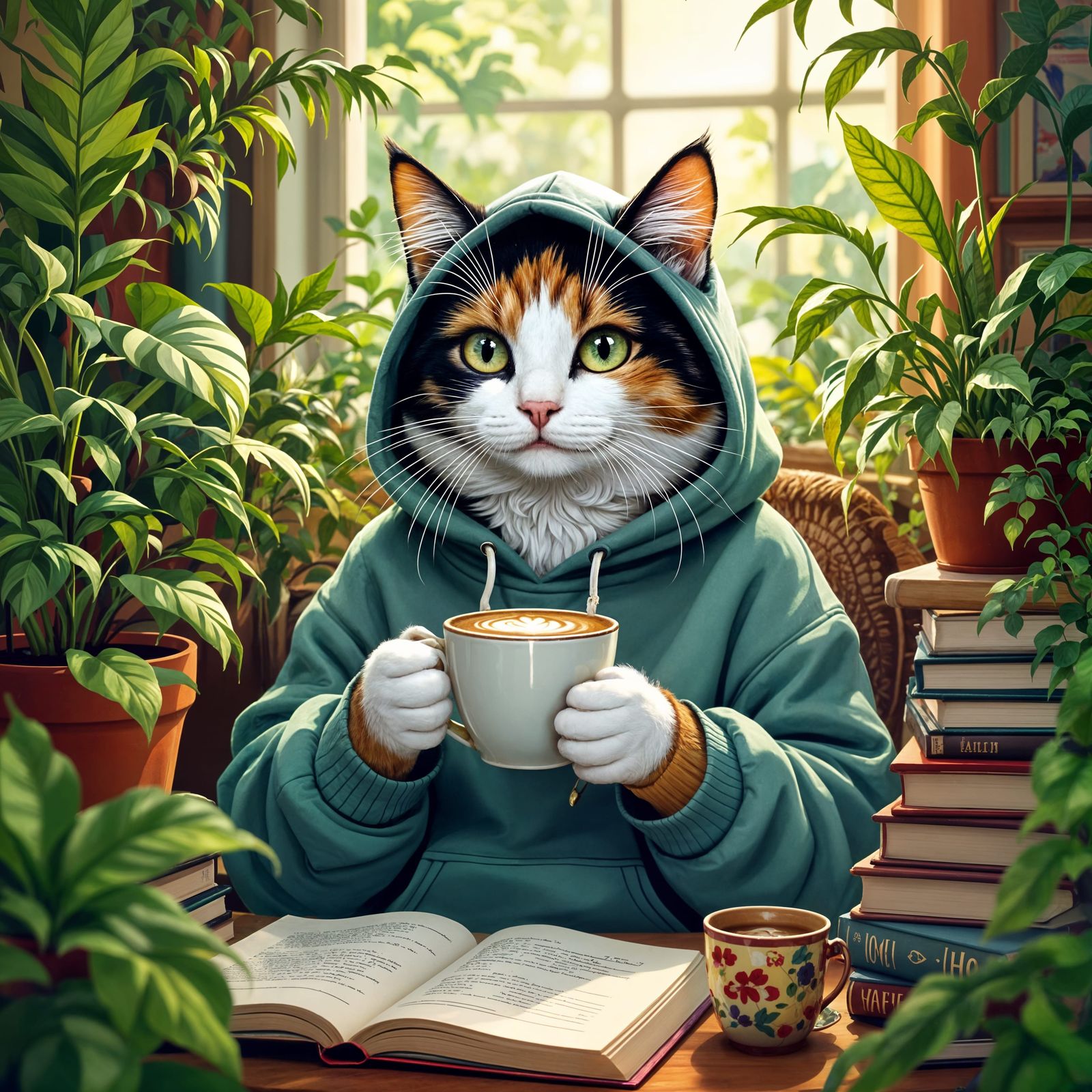 Calico Cat Sipping Latte in Bohemian Workspace