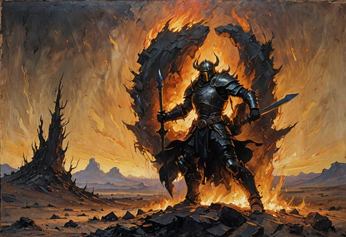 Lone Warrior in Wasteland Oil Painting