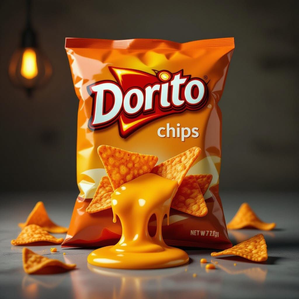 Doritos Packet with Melted Cheese and Photorealistic Crunch