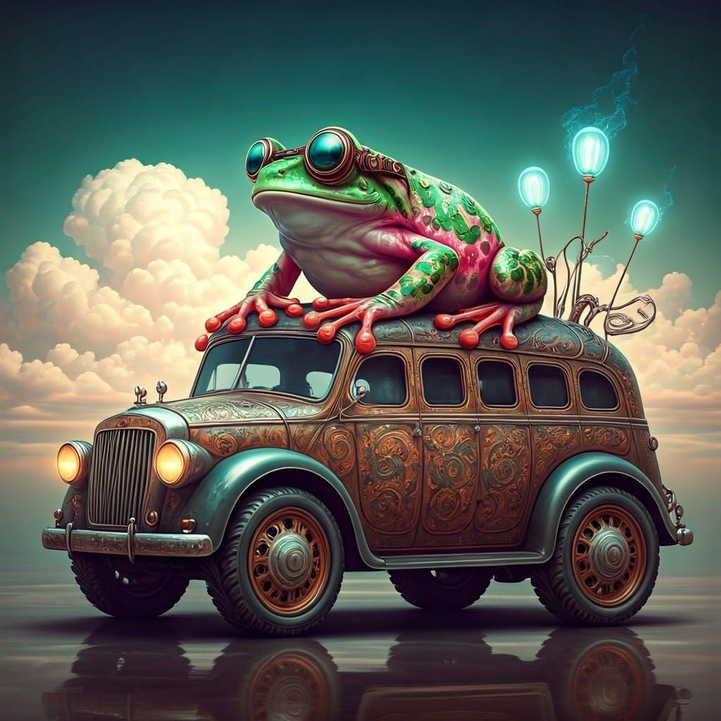 Steampunk Frog Drives Surreal Snake-Bus in Dreamscape