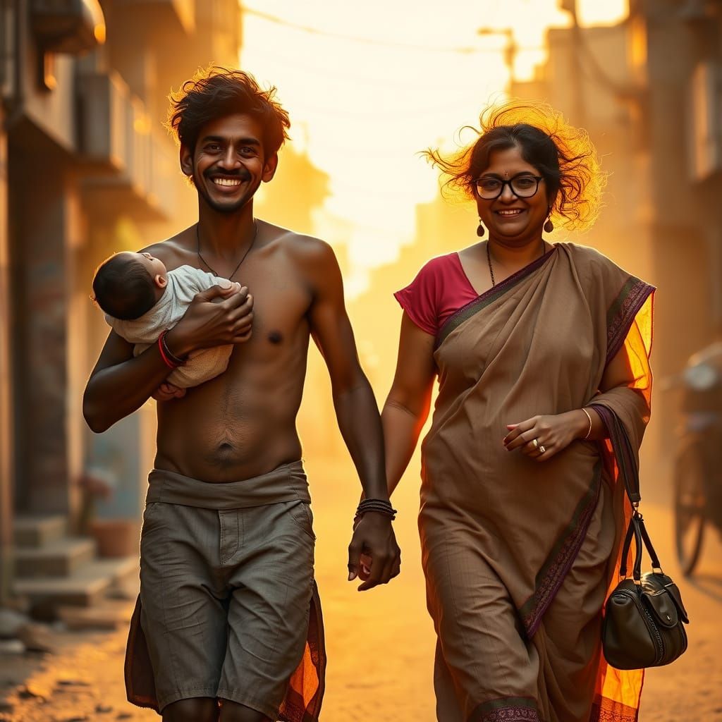 Joyful Indian Family in Folk Art Style