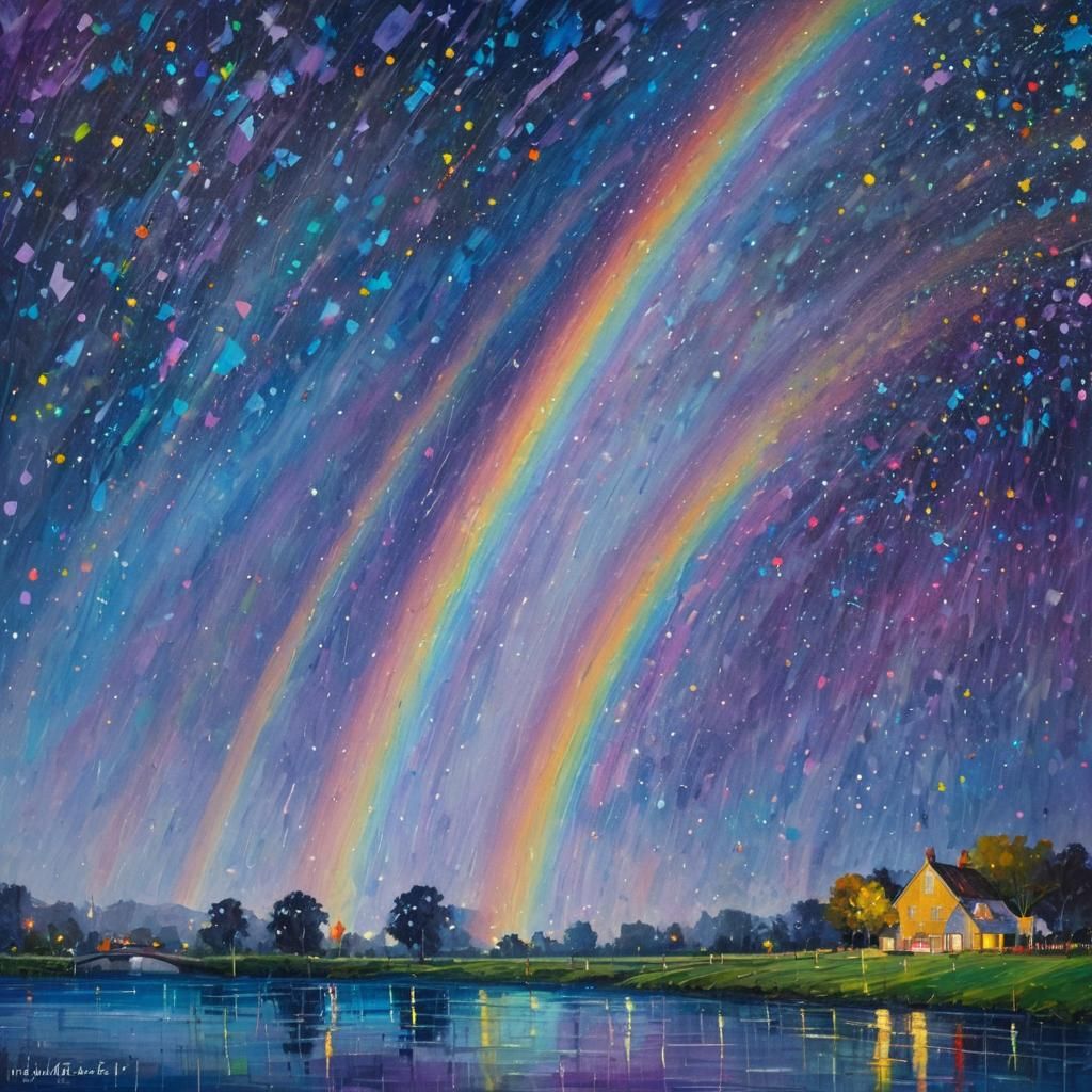 Impressionistic Rain Showers with Rainbow and Stars