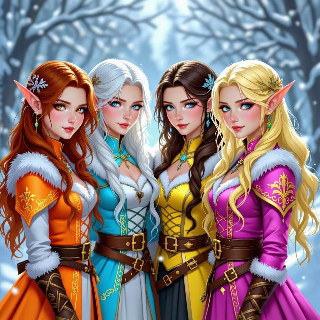 Four Seasonal Elves in Dark Fantasy Style