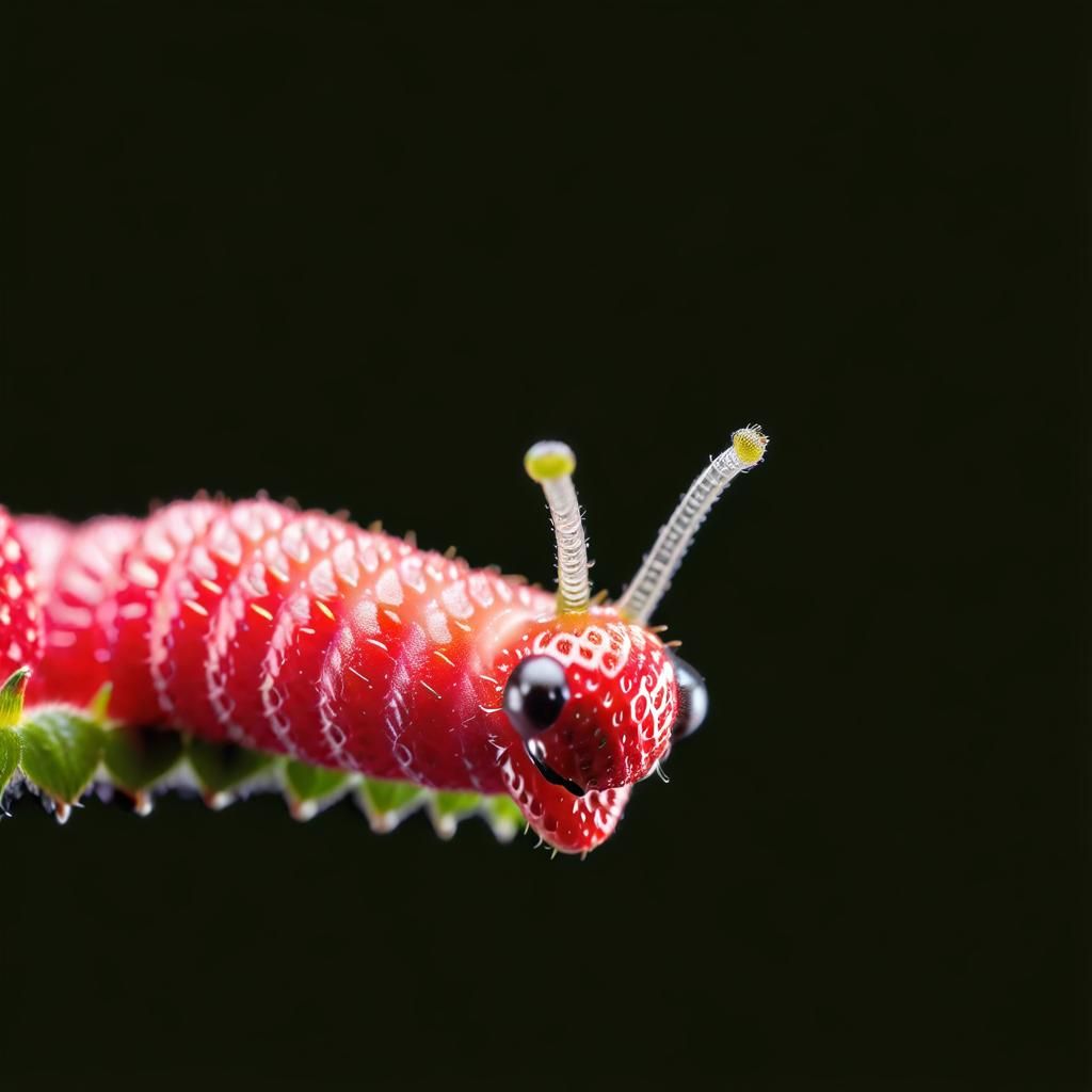Adorable Inchworm on Fuzzy Strawberry Macro Photograph