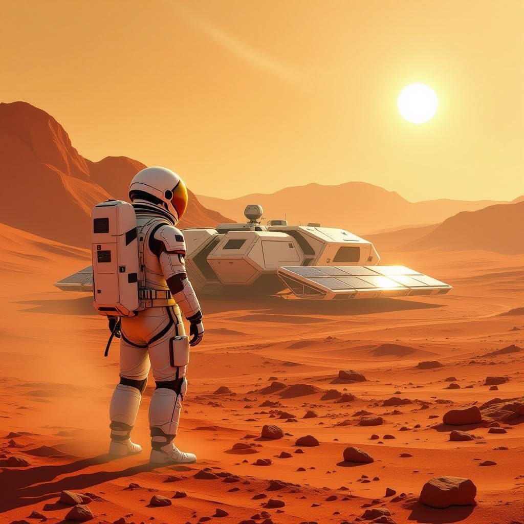 Astronaut on Mars With Futuristic Base in Sci-Fi Concept Art...