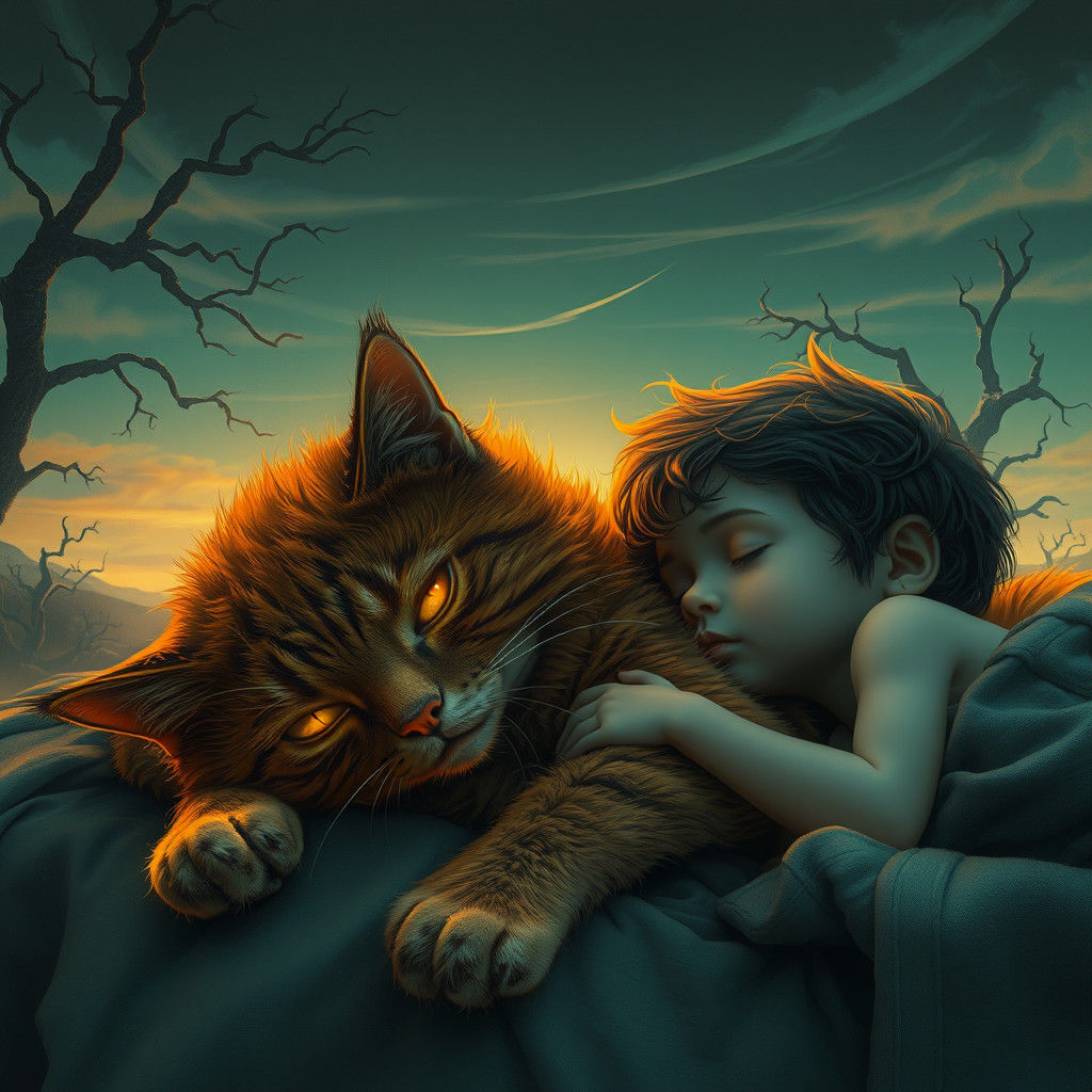 Ethereal Glow: Haunting Art Nouveau Feline Scene