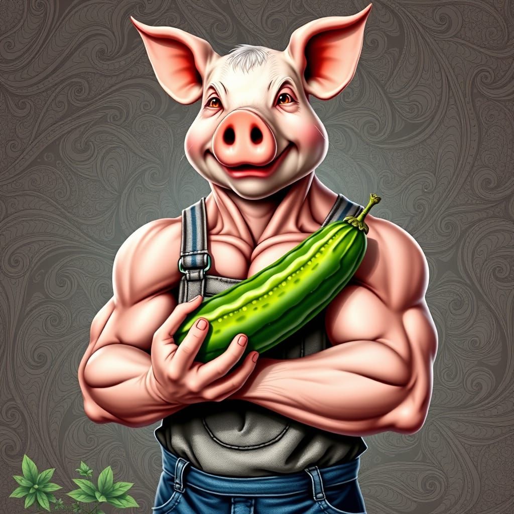 Farmer with Pig Head Holding Cucumber in Fractal Art
