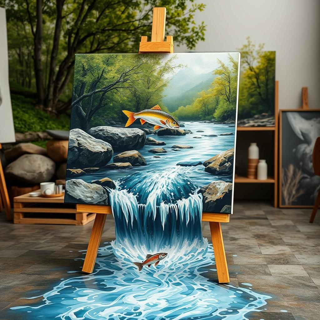 Surreal River Painting Flows Out of Canvas