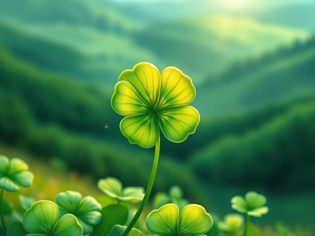 Luminous Four-Leaf Clover in Mystical Emerald Landscape