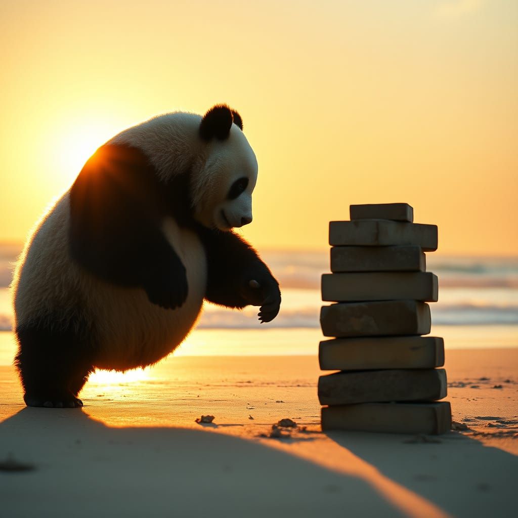 Majestic Panda Bear Prepares to Kick Weathered Bricks on Sun...