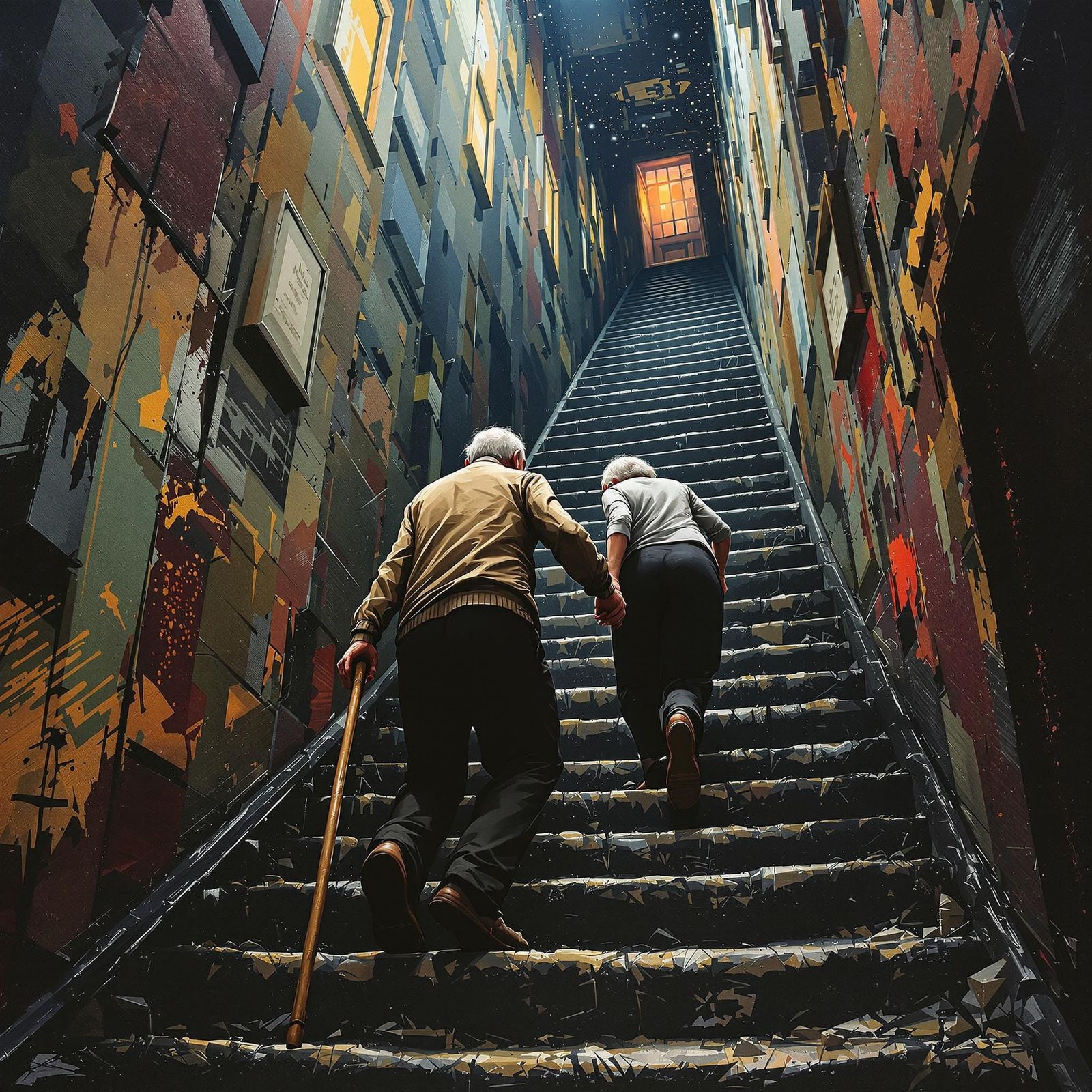 Elderly Couple's Terrifying Climb Home: Hyperrealistic Art
