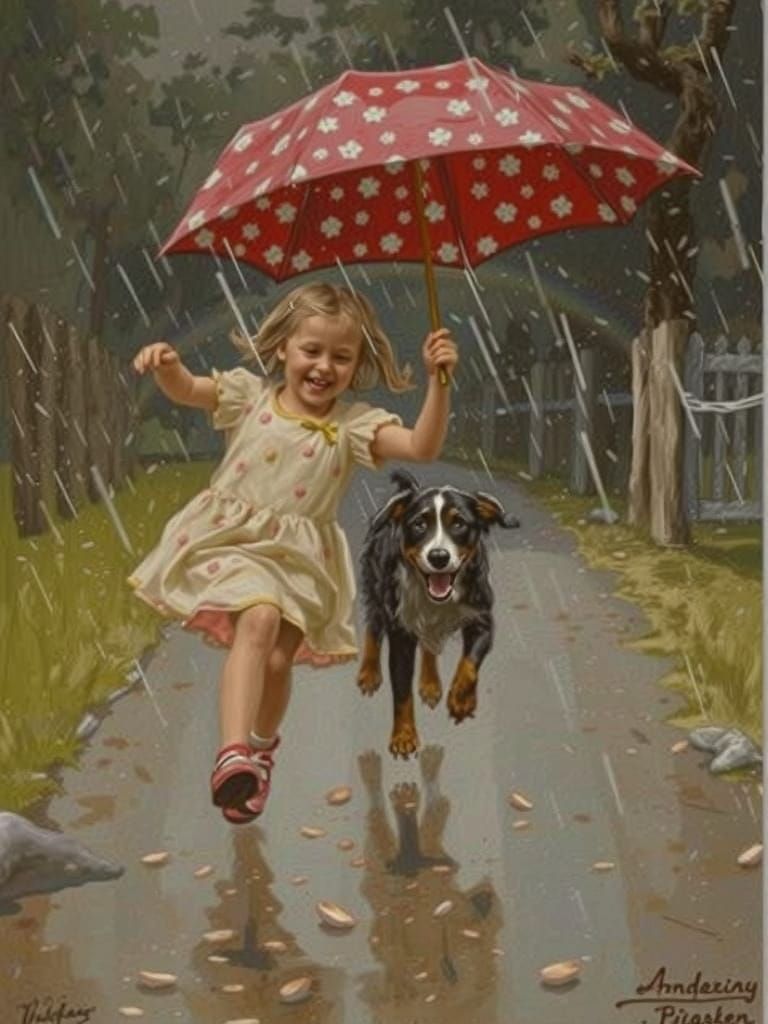Children Playfully Splash Through Rainy City Puddles in Whim...