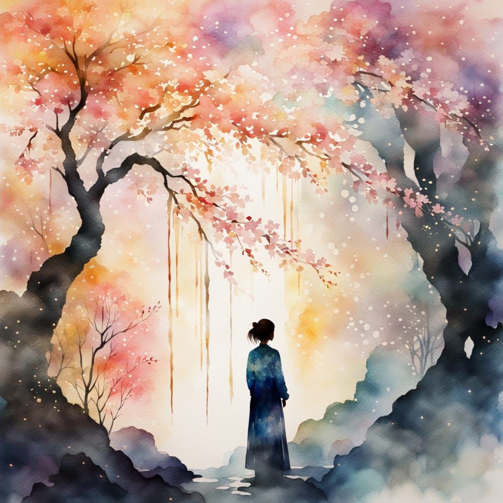Luminous Forest Silhouette in Impressionist Watercolor Style