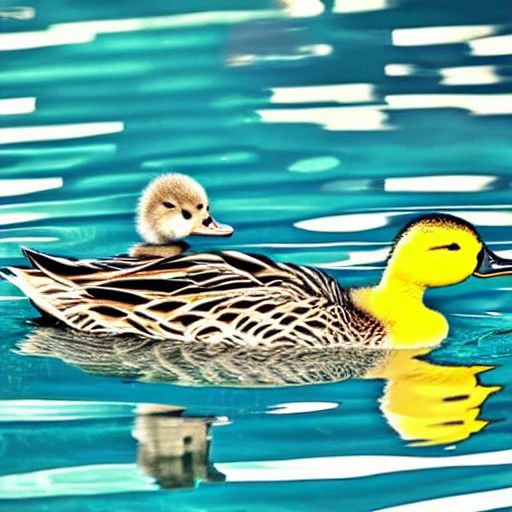 Mother Duck Teaches Duckling to Swim