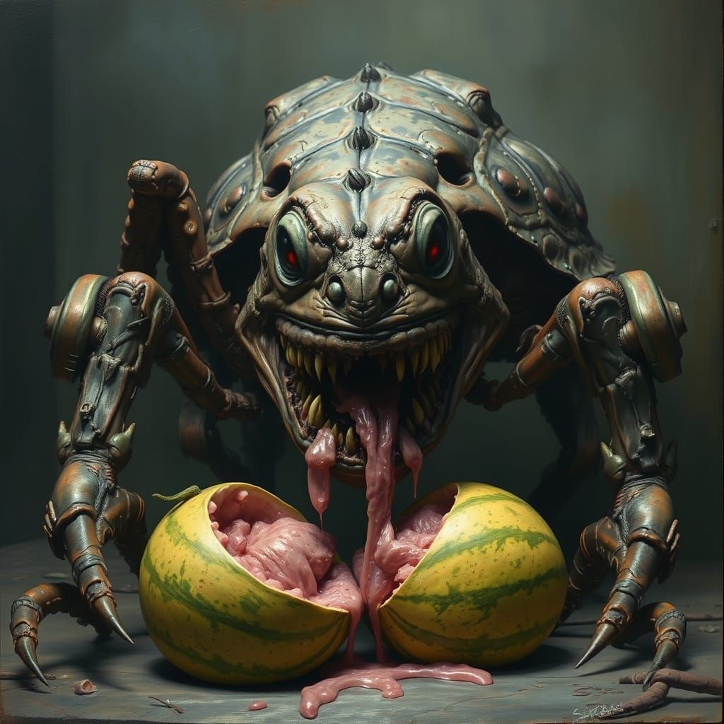 Biomechanical Nightmare Creature in Dark, Twisted Realm