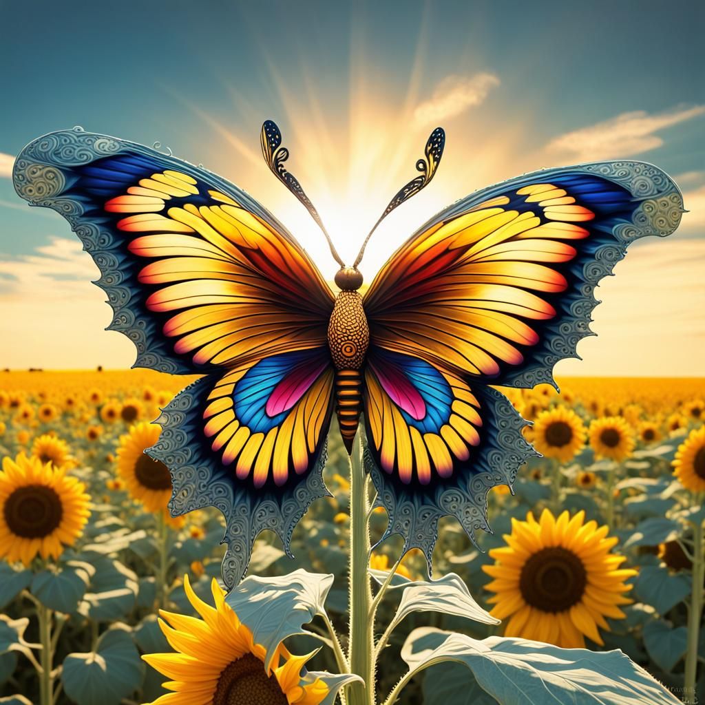 magical butterfly in sunflower in a sunflower field