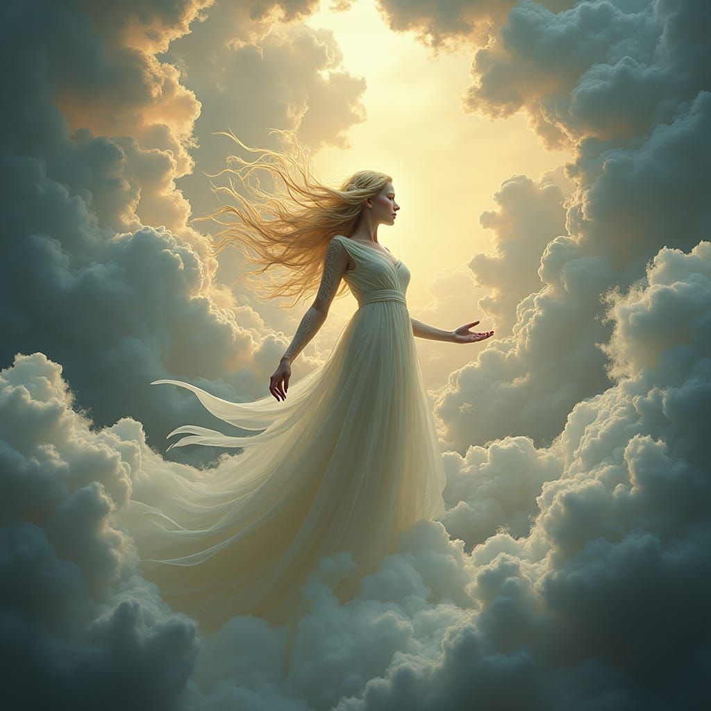 Ethereal Divine Figure Amidst Iridescent Clouds