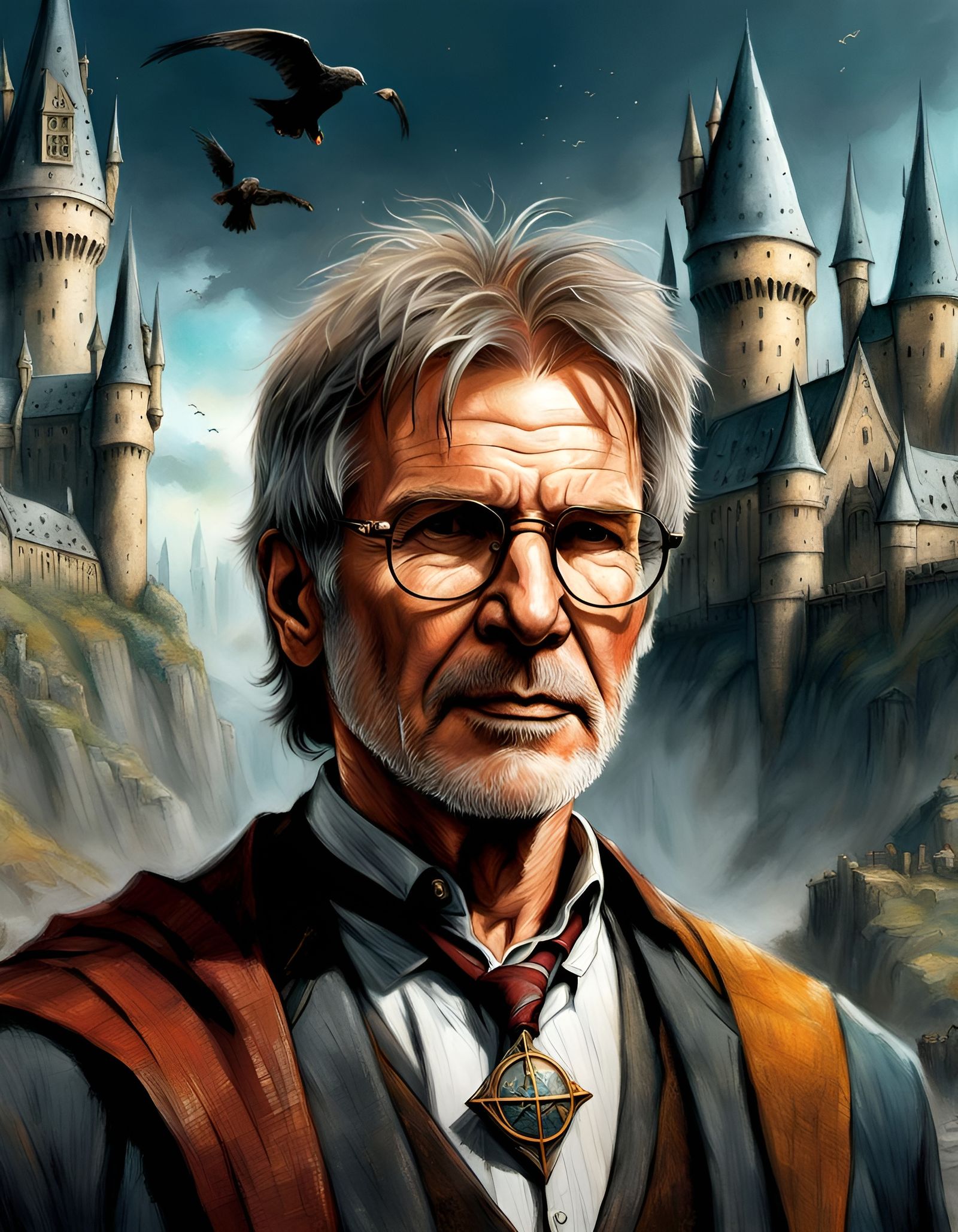 Young Wizard Harrison Ford in Crayon Caricature