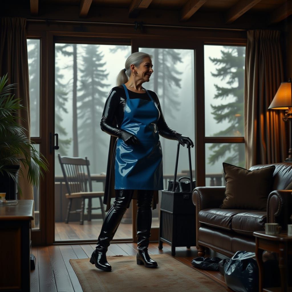 Elegant Elderly Woman Cleaning in Latex Apron
