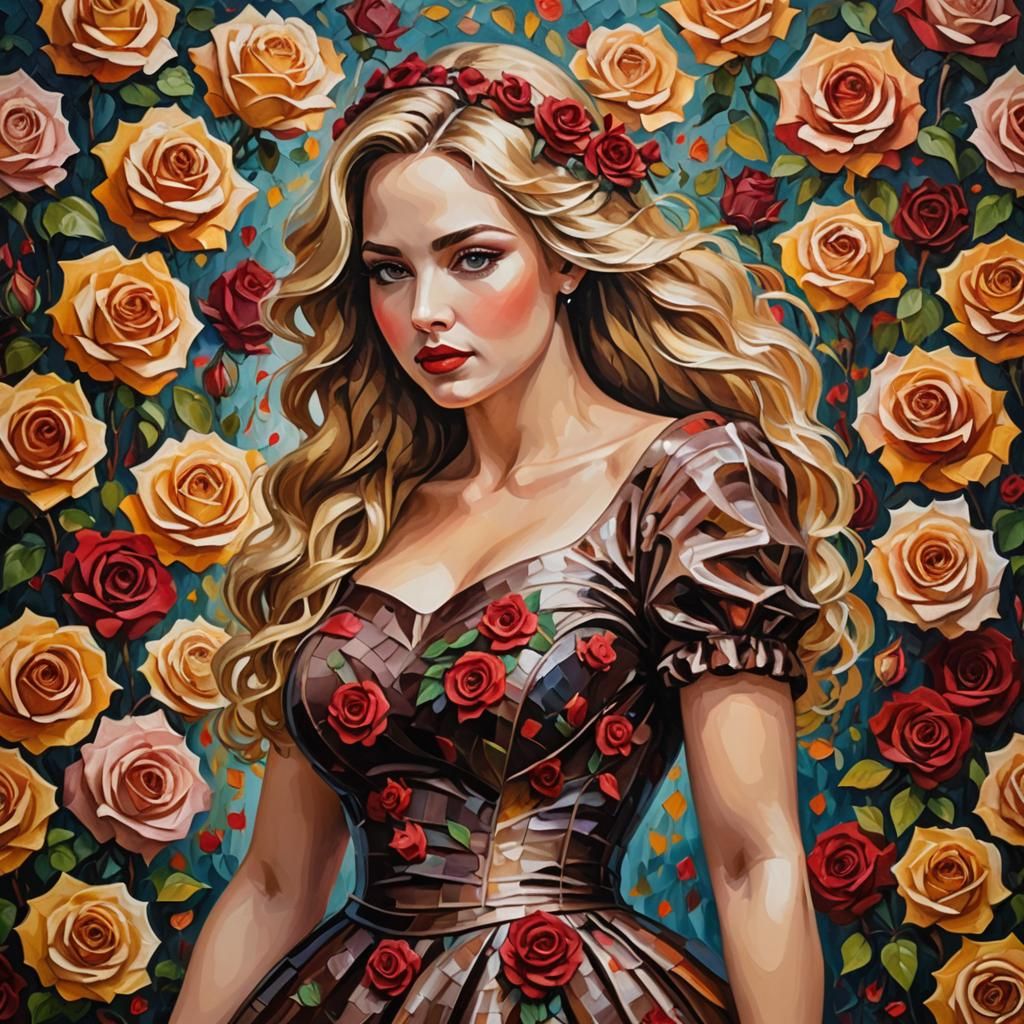 Woman in Rose Dress: Neo-Impressionist Expressionist Oil Pai...