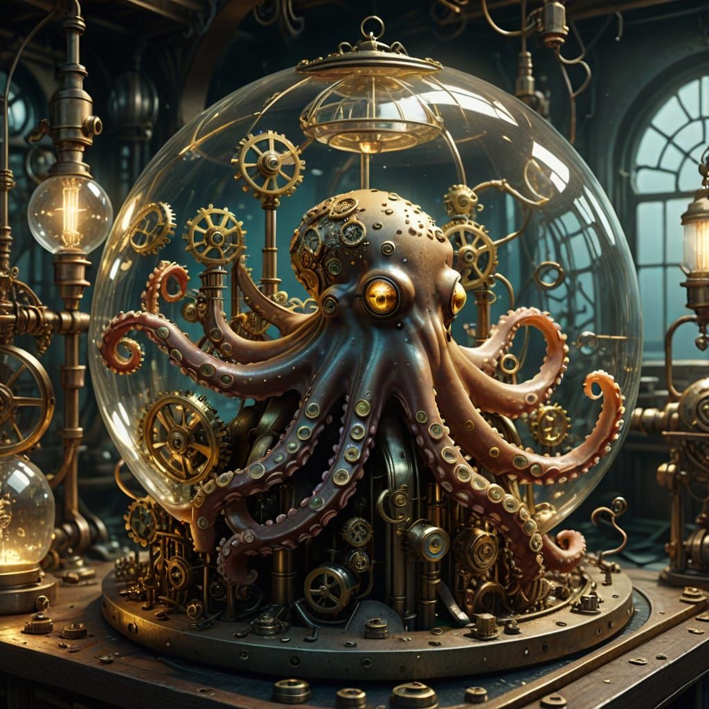 Steampunk Octopus in Underwater Lab: 3D Render
