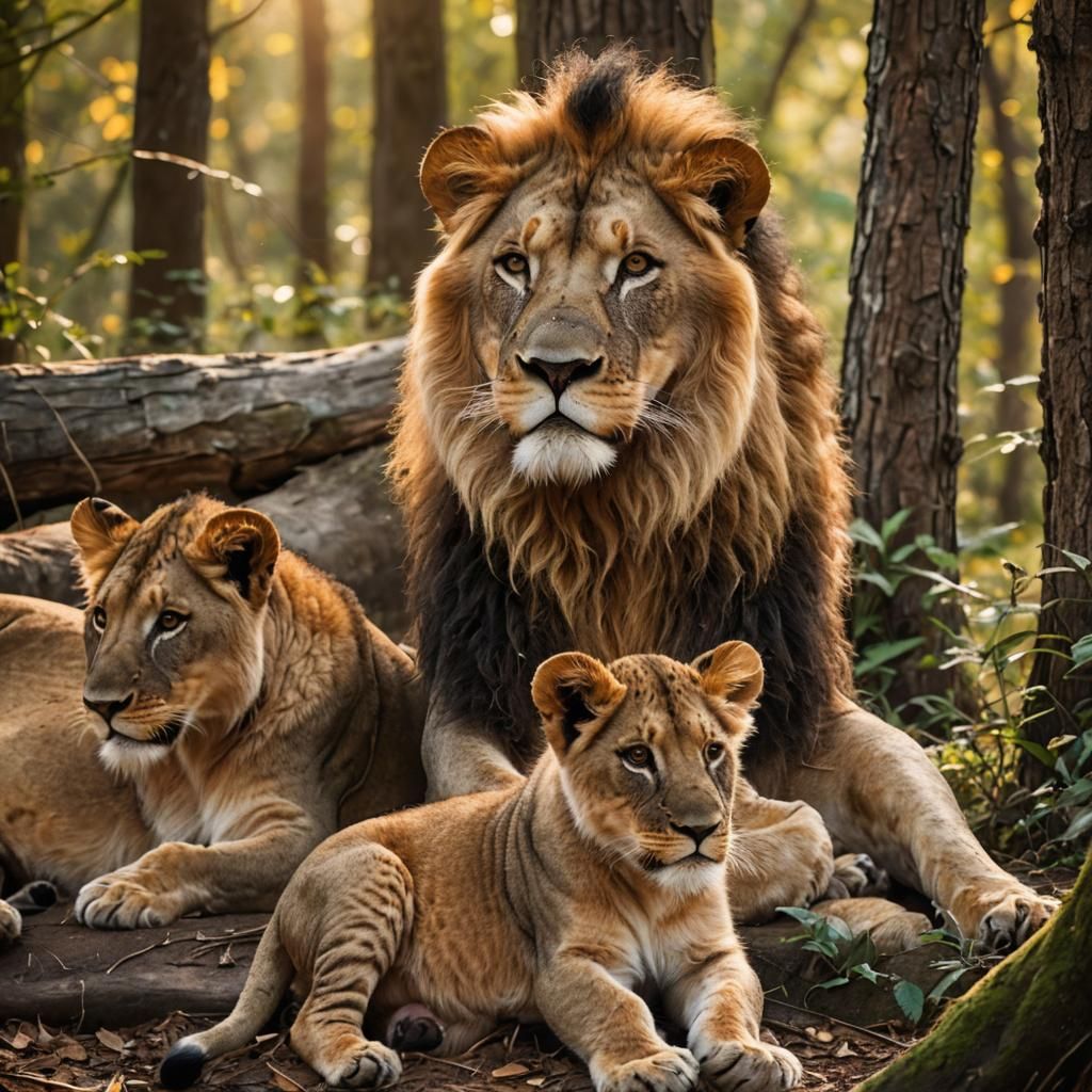 Majestic Lion Family in Warm, Golden Light