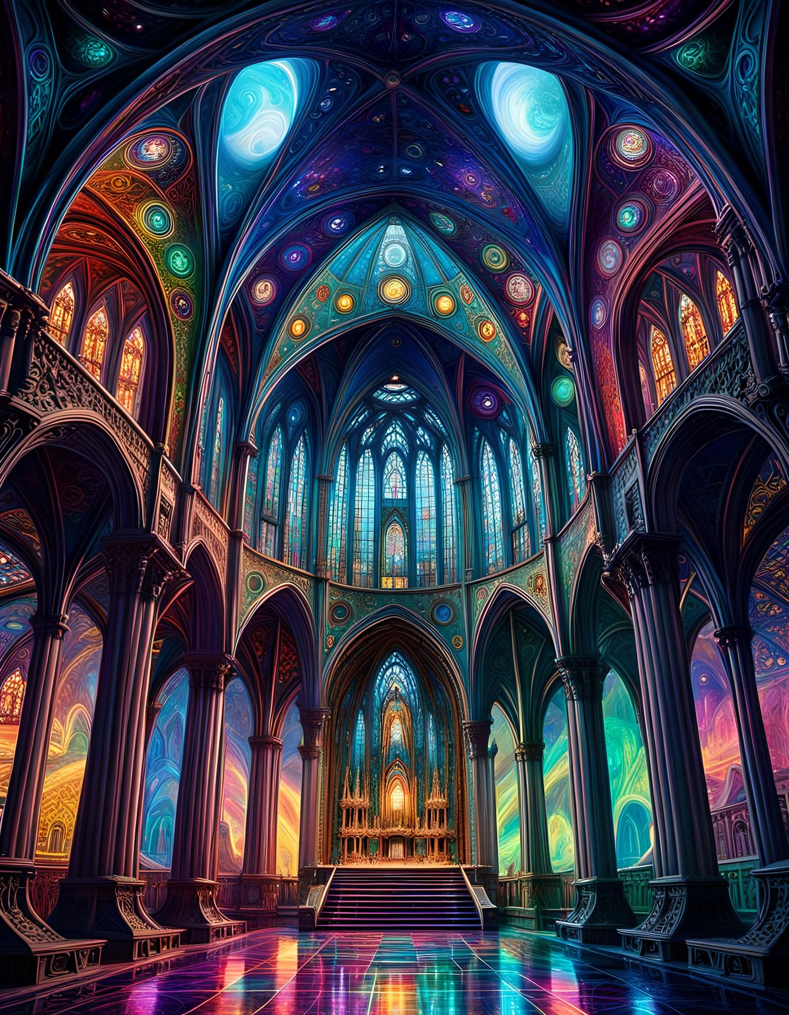 Galactic high council of aliens in a cathedral chamber