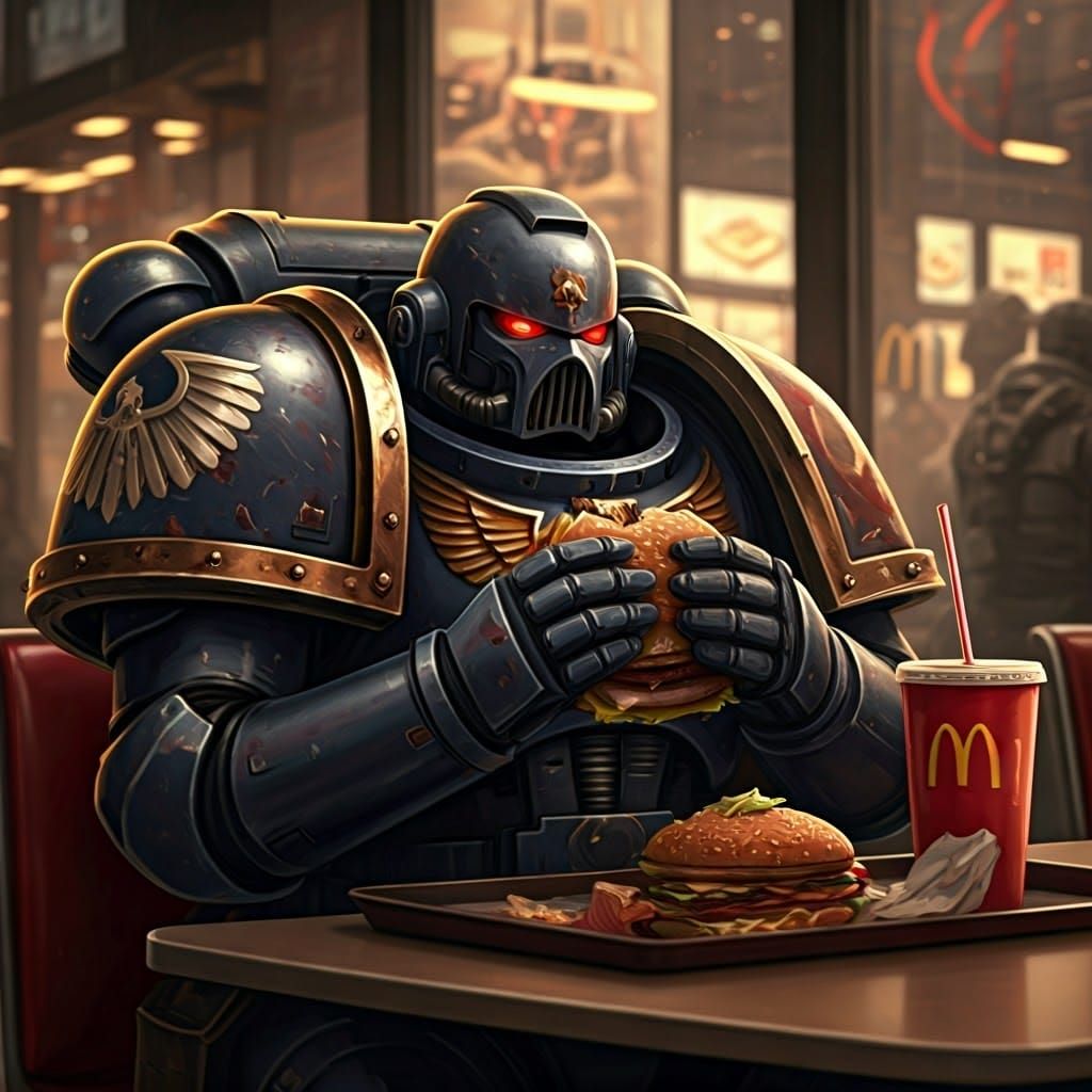 Space Marine Devours Cheeseburger in Grimdark Diner
