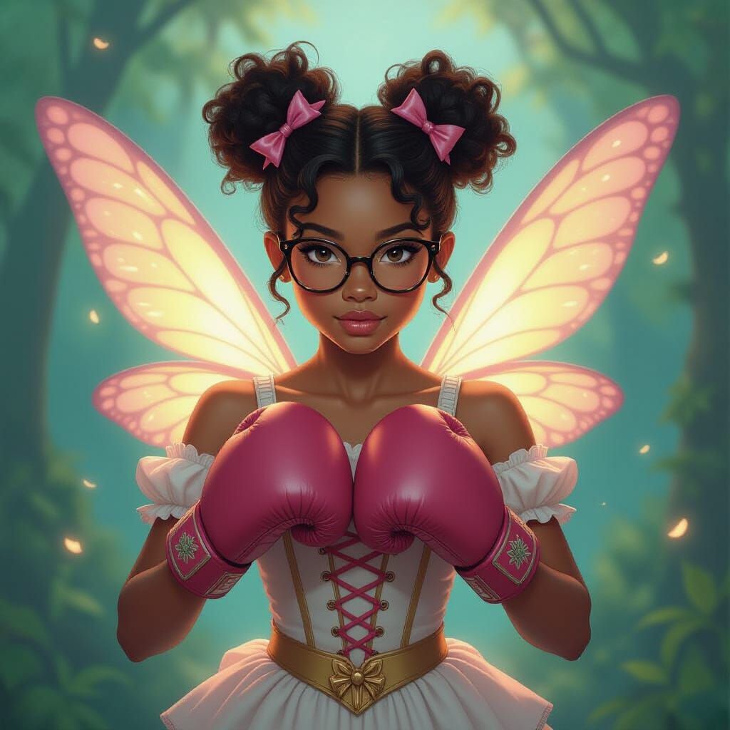 Fairy Boxing Girl with Glasses in Whimsical Fantasy Art