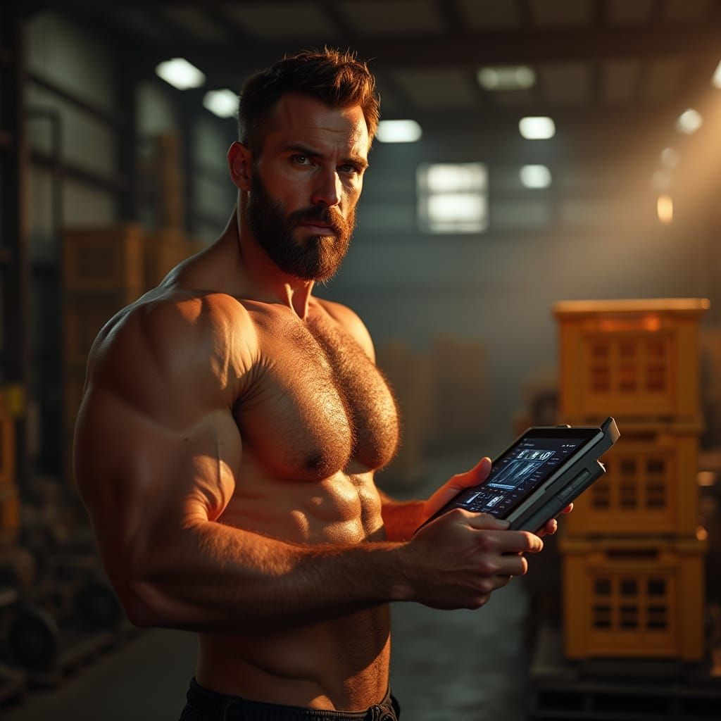 Strong Man in Futuristic Cargo Bay, Inspired by Fine Art Pho...