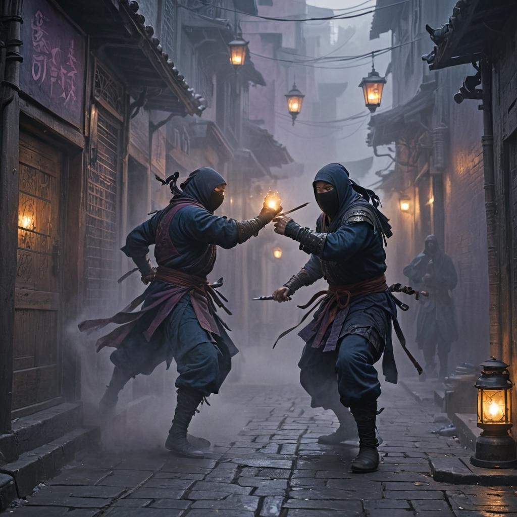Ninjas Clash in Lantern-lit Misty Alley