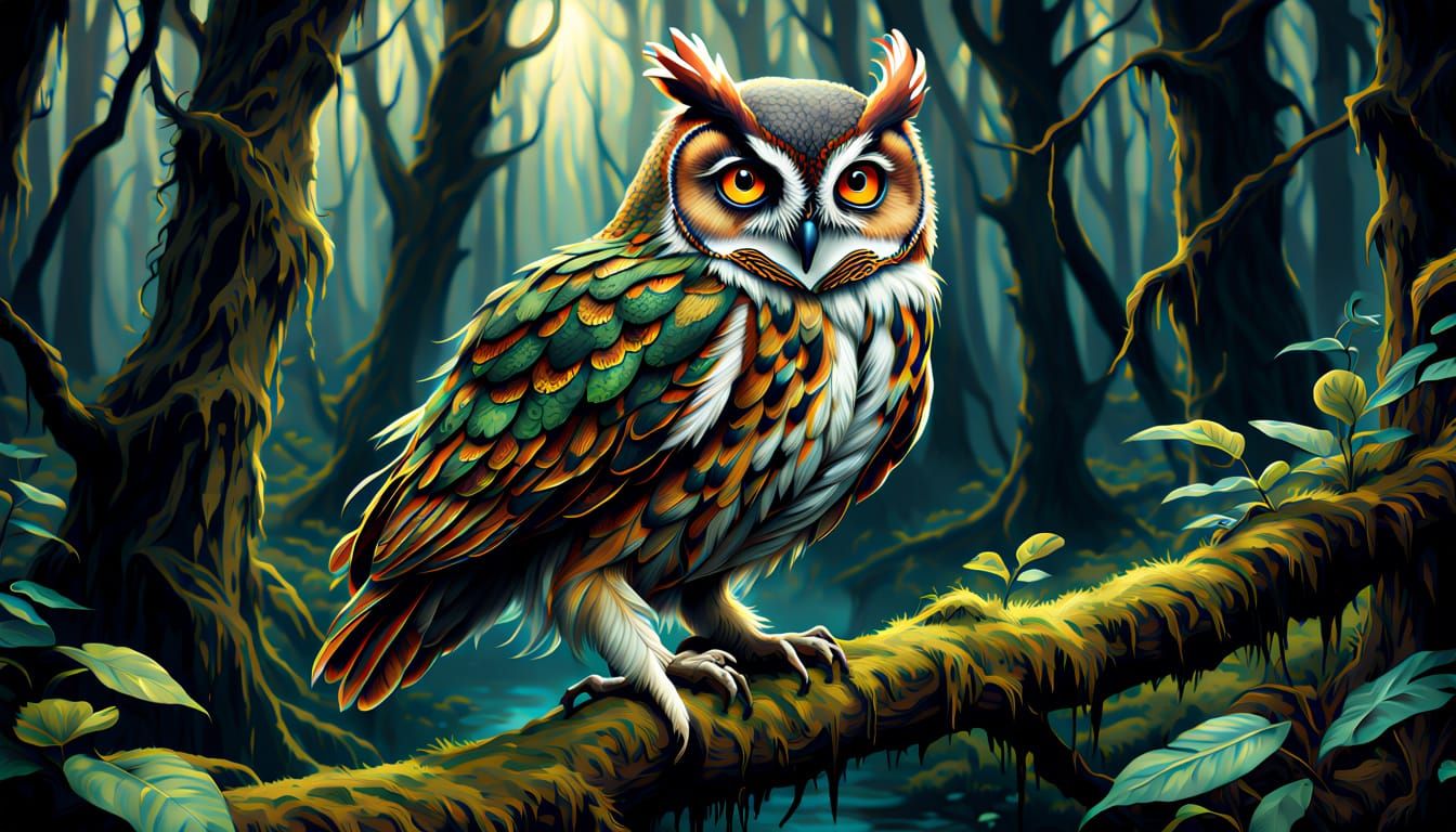 Enchanted Swamp Owl in Magical Realism Oil Painting